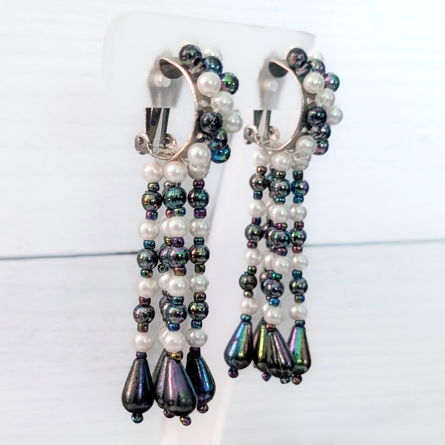 Vintage Clip On Earrings Very Long Multi Strand Dangle